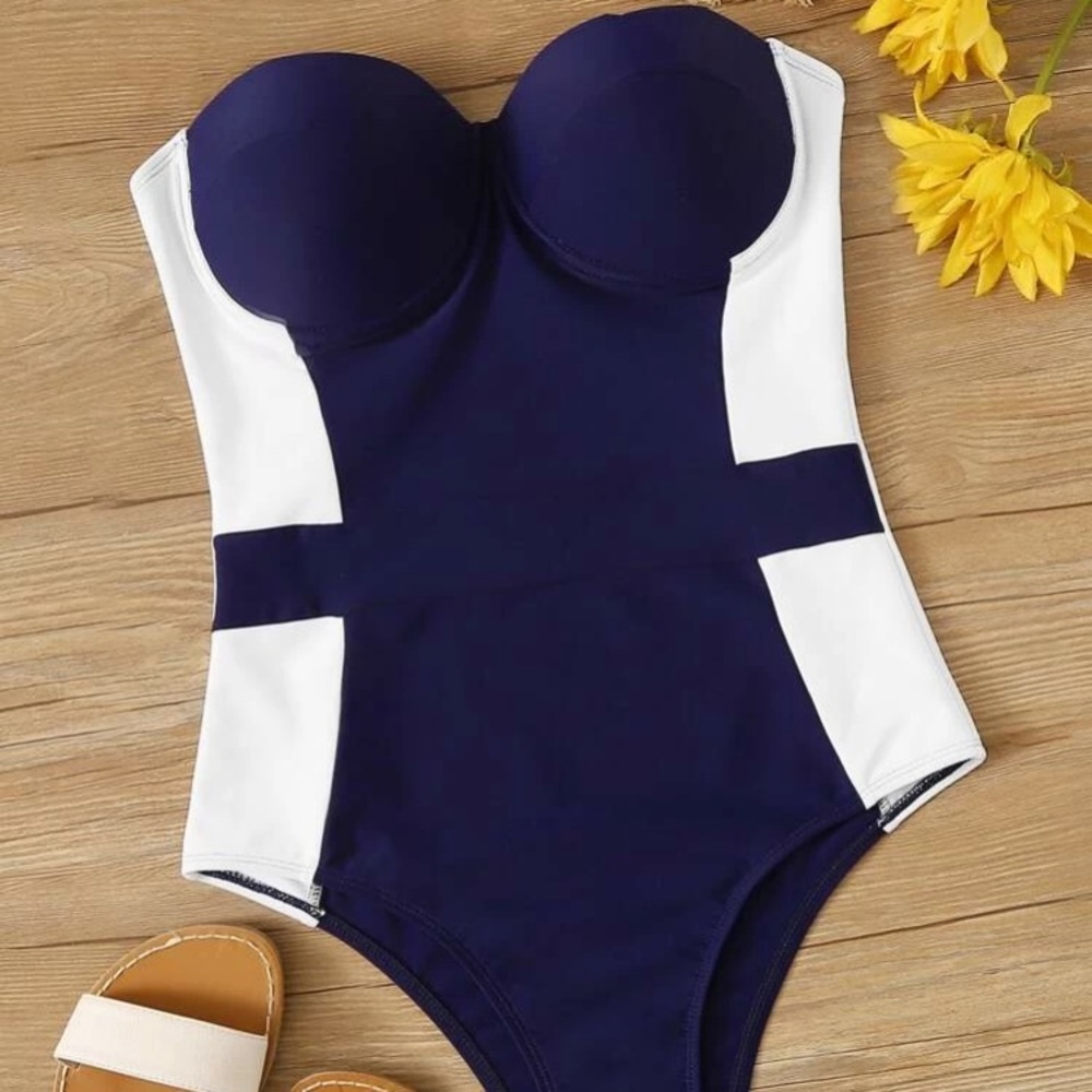 Color block navy one piece swimsuit